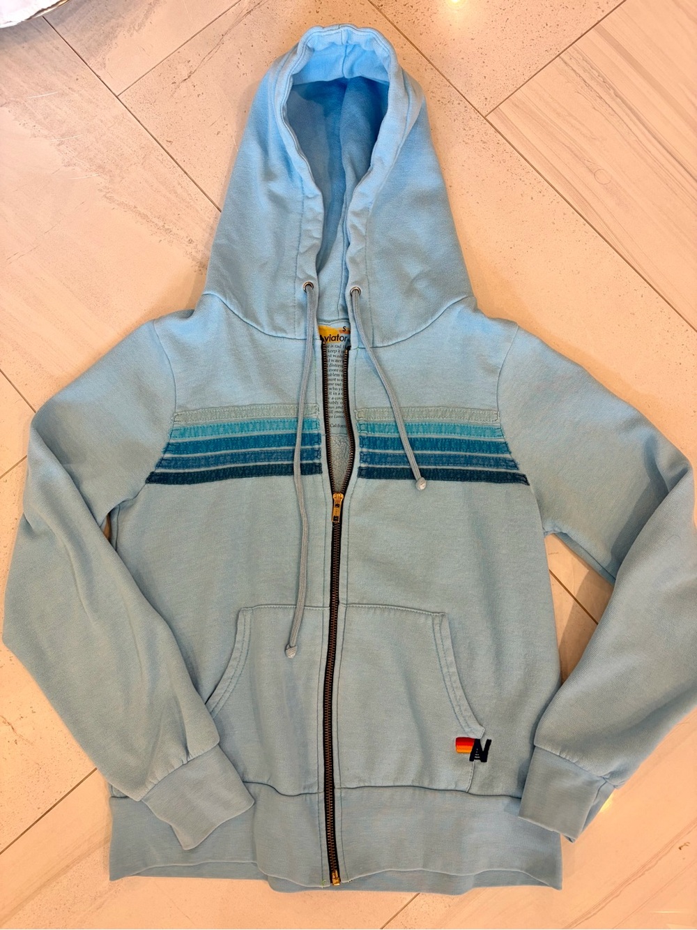 Aviator Nation Baby Blue Zip Hoodie with Navy and Teal Chest Stripes